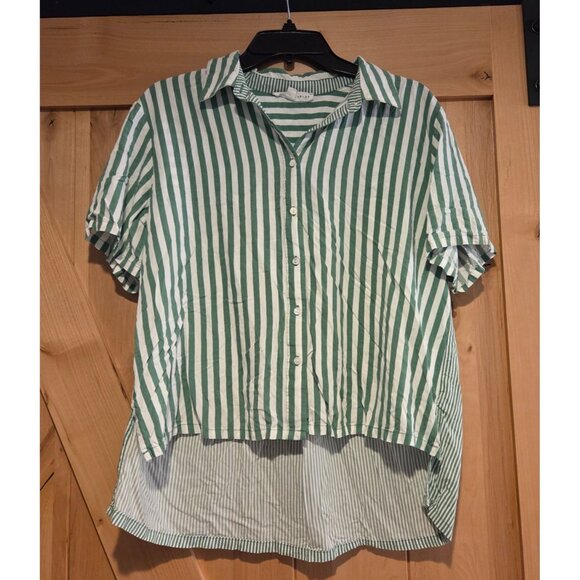 Jane + Delancey Button Down Shirt Women L Green Stripe Short Sleeve High Low Hem - Picture 1 of 13